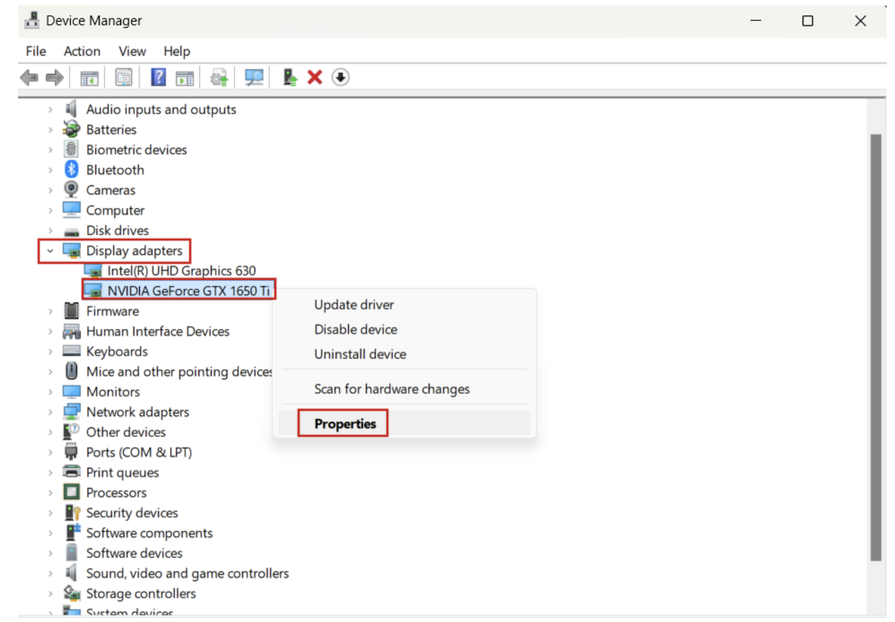 Right-click your graphics card and select Properties
